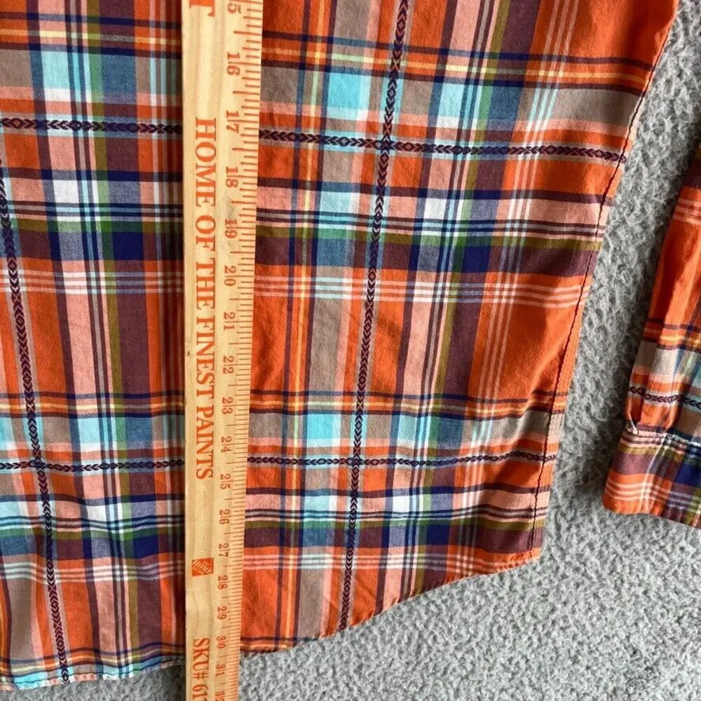 Ralph Lauren Shirt Mens Large Orange Blue Madras Plaid Long Sleeve Casual Pocket